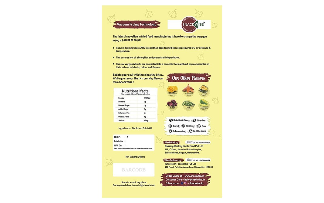Snack Wise Garlic Chips 100 % Veggie Vacuum Fried   Pack  30 grams